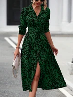 Elegant Random Print Button Down Shirt Dress Women's Long Sleeve Belted Waist Midi Dress Spring Fall Office Casual Dress - Image 5