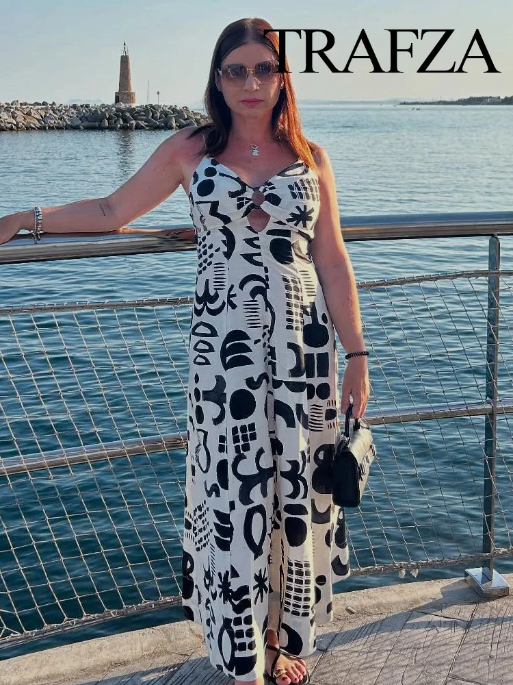 

TRAFZA Women Summer Fashion V-neck Hollow Design Graffiti Printed Sleeveless Dress Female Chic Sexy Backless Lace-up Long Dress