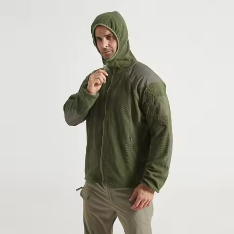 Men's Military Football Grid Polar Fleece Tactical Jacket Stand Collar Windproof Thermal Outdoor Sport Coat Helikon Hooded