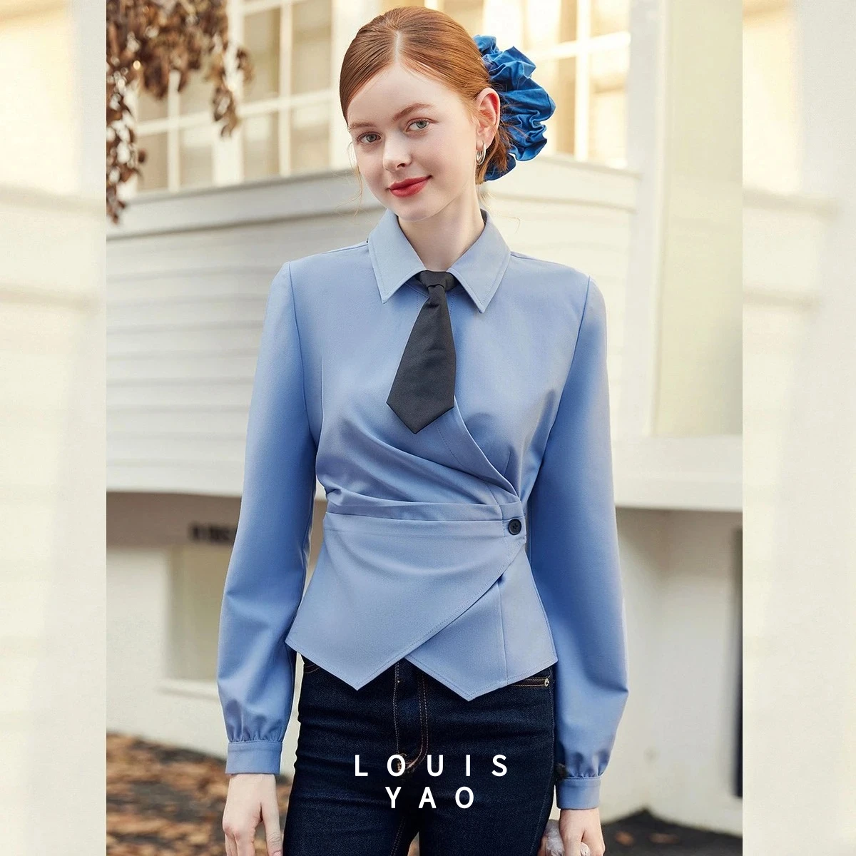 

LOUISYAO Elegant Slanted Collar Design Blouses 2025 Autumn Retro Tops Slim-Fit Contrasting Color Button-Down Women's Shirt