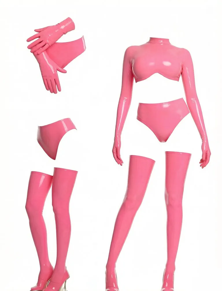 

Custom Pink Rubber Outfit Long Gloves Crop Top High Waist Briefs Thigh High Stockings Stage Wear
