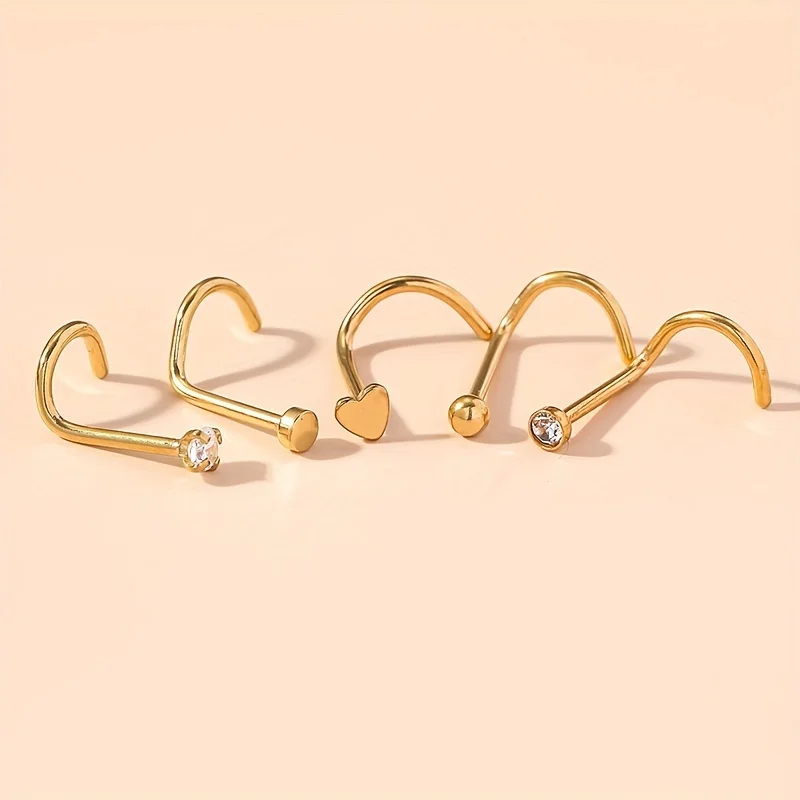 1pcs Stainless Steel Nose Nails Round Cubic Zirconia Nose Studs Piercing Jewelry Bend Rod Earrings Heart-Shaped