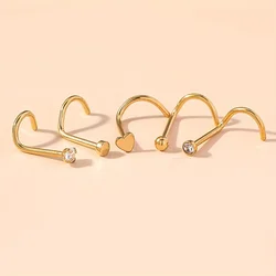 1pcs Stainless Steel Nose Nails Round Cubic Zirconia Nose Studs Piercing Jewelry Bend Rod Earrings Heart-Shaped