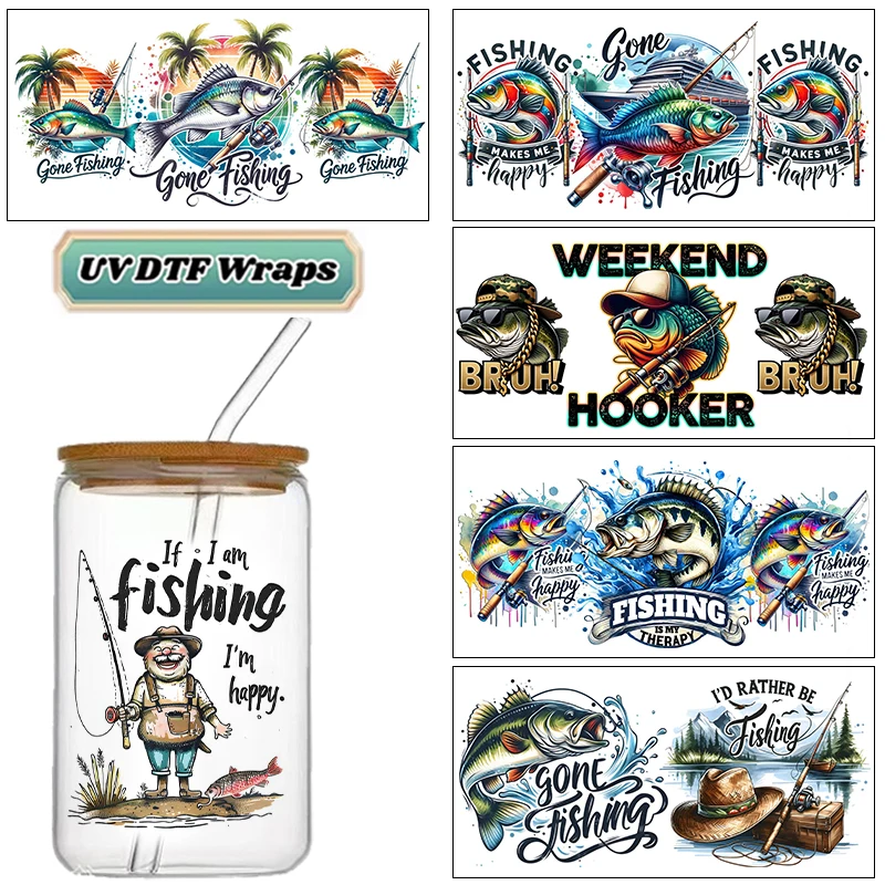Fishing Theme Pattern Design 3D Decal UV DTF Cup Wrap Transfer Stickers Custom Label DIY Waterproof Logo for Libbey Glass Can