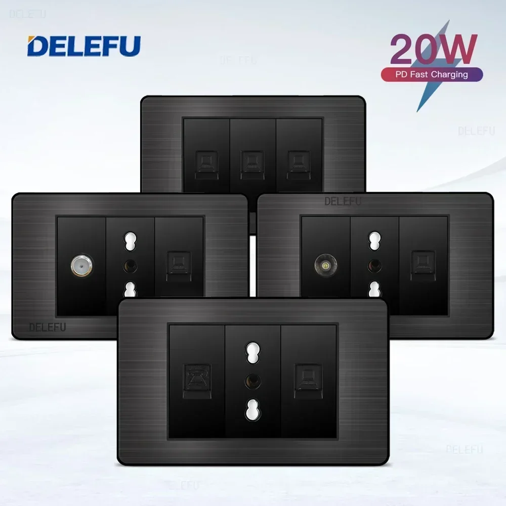 DELEFU Black Stainless Steel Panel Italian Standard 118*74mm TEL CAT5E CAT6 TV Satellite Wall Socket