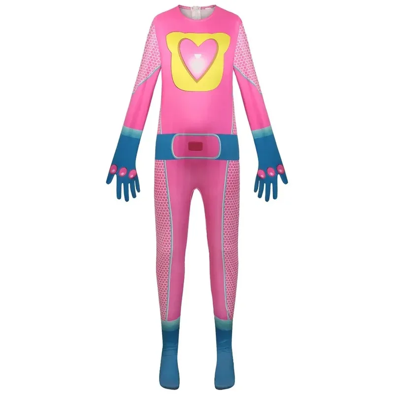 SuperKitties Ginny Cosplay Costume Kids Pink Bodysuit Mask Hair Accessories Full Set Girls Role Play Jumpsuit Halloween Partys;3
