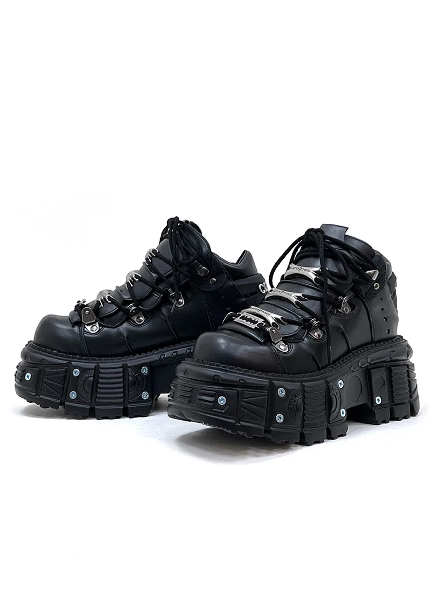 

2024 Goth Dark Muffin Platform Punk Metal Heightening Small Leather Women Small Rock Lace-up Rivet Single Shoes Men