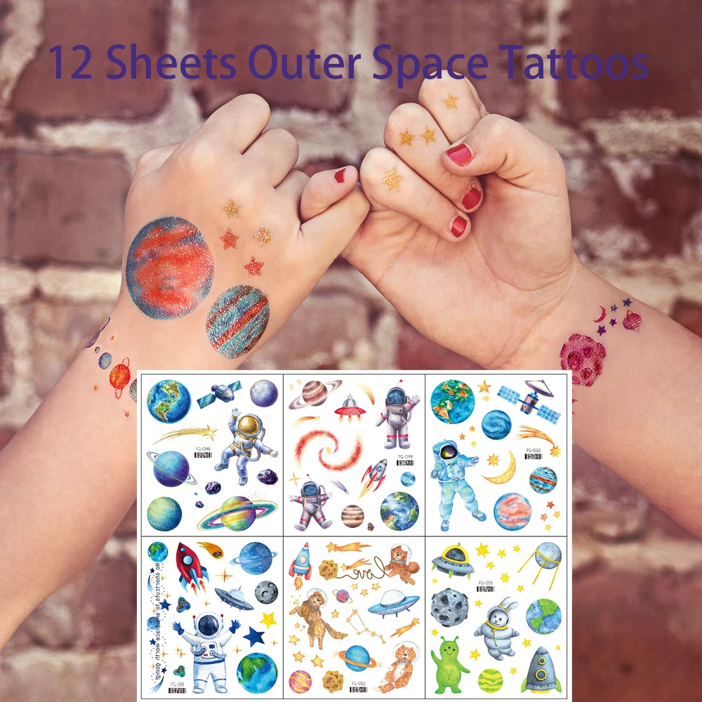 12 Sheets Glitter Outer Space Temporary Tattoos Bady Face Sticker for Kids Astronaut Theme Birthday Party Favors Pinata Fillers