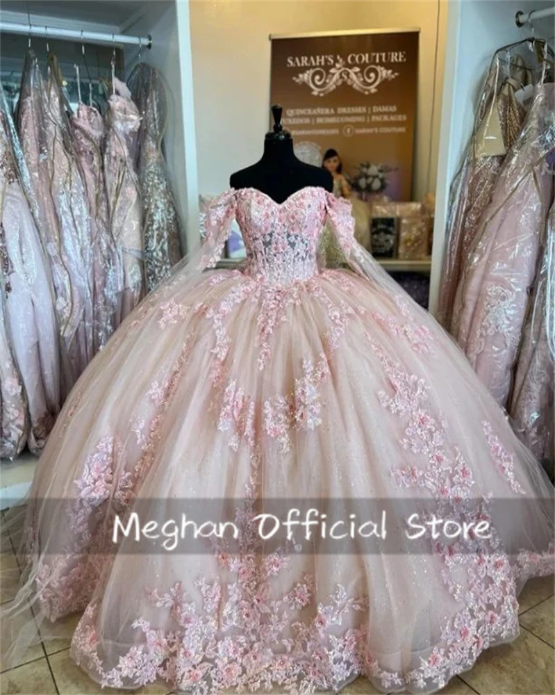 

Mexico Pink Off Shoulder Ball Gown Quinceanera Dresses For Girls Beaded Appliques Graduation Birthday Party Gowns With Cape