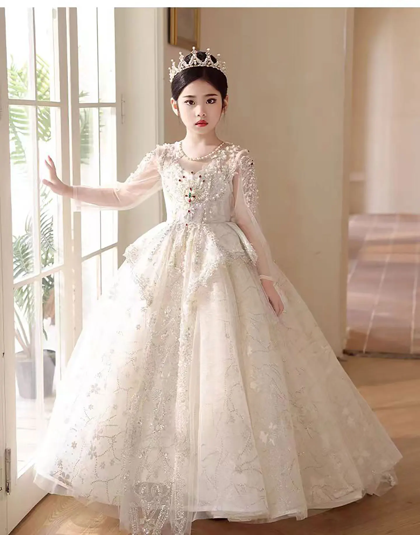 ชุดเดรสเจ้าหญิงสีขาวหรูหรา Jill Wish J003 สไตล์ดูไบ ประดับคริสตัล แขนยาว สำหรับเด็ก งานแต่งงาน งานวันเกิด งานเลี้ยง ชุดราตรีทรงบอลกาวน์