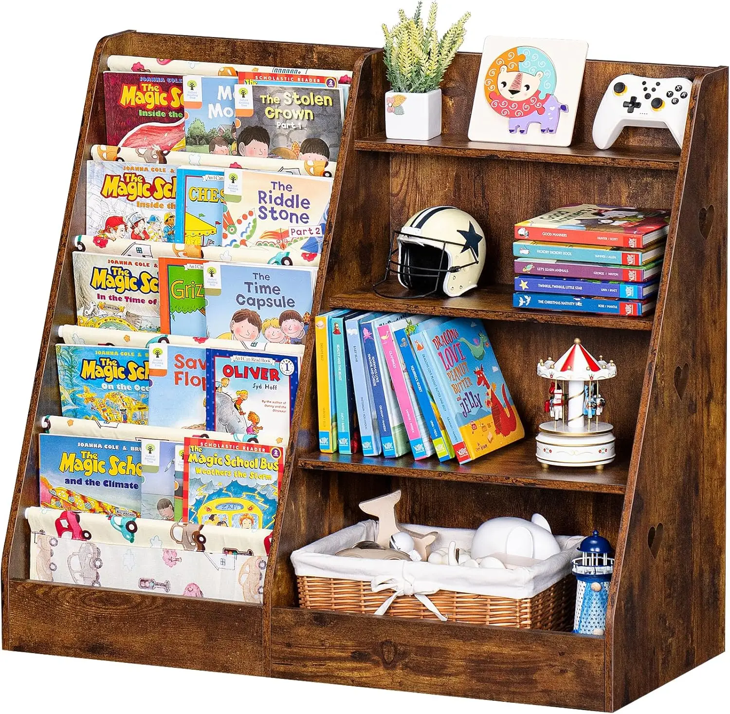 

4 Tier Kids Bookshelf and Storage Organizer, Five Layer Sling Children Bookcase, Baby Toddler Wooden Book Shelf, Display