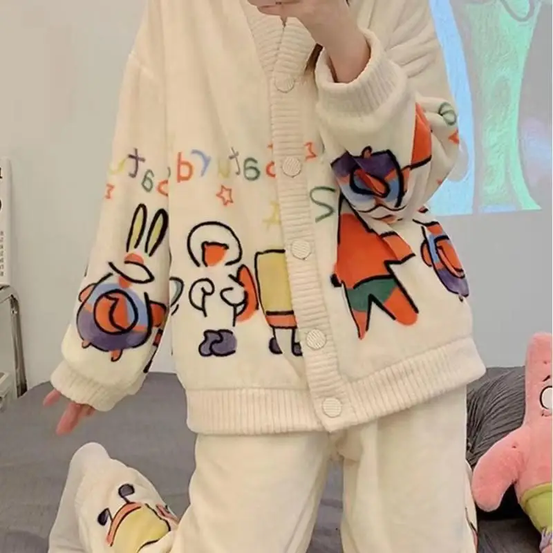 Anime Pajama Set Kawaii Decorate Girl Creativity Warm and Thick Fleece Couple Thickened Home Clothes Surrounding Gift Wholesale