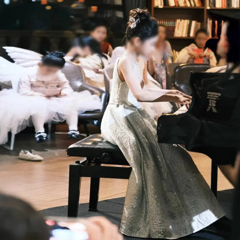 Girls' Large Children's Piano Host Princess Dress Violin Performance Recitation Evening Dress Elegant Long Style
