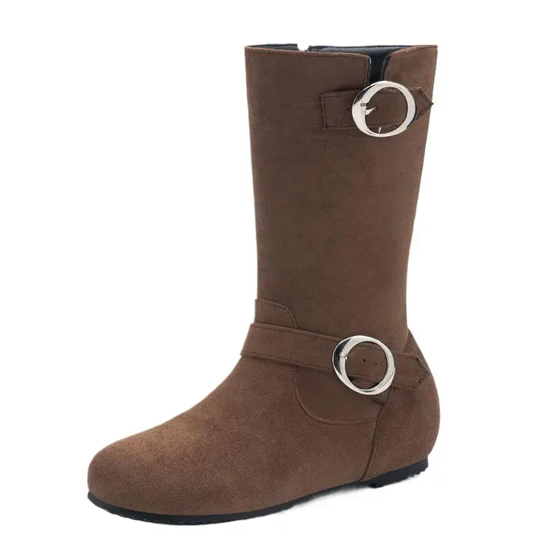 

ASILETO Flock Suede Mid Calf Boots Round Toe Increased Heels 4cm Decoration 42 43 Leisure Daily Bota