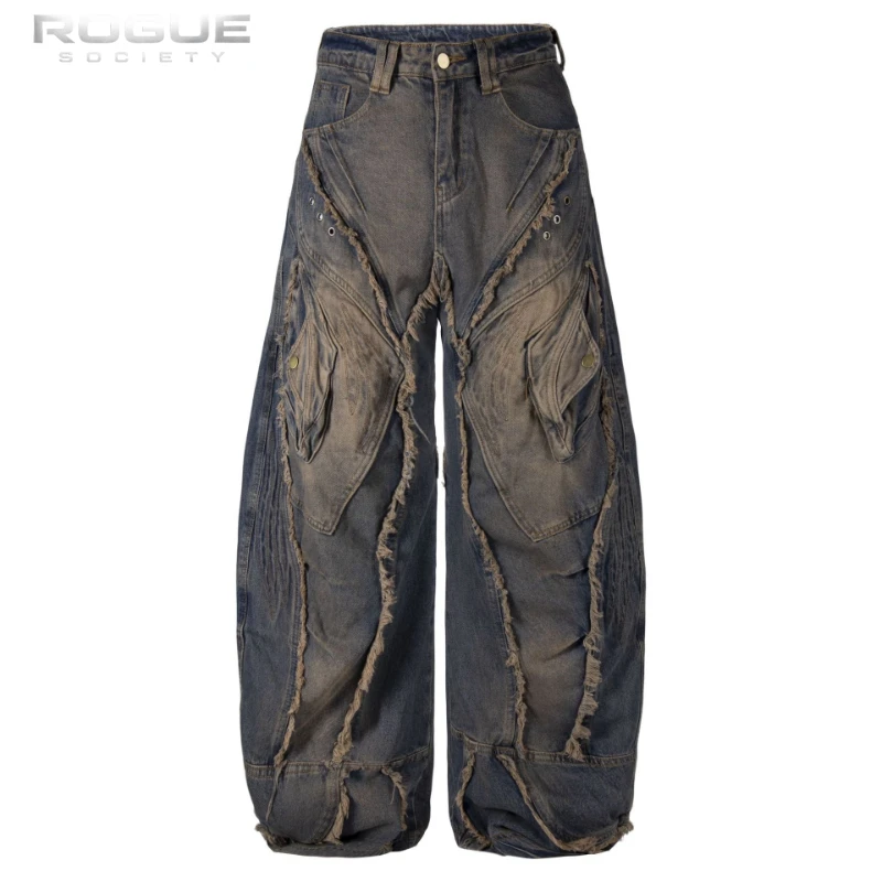 Y2K Grunge Dark Distressed Cargo Jeans Men Streetwear Wide Leg Denim Pants Rough Edge Patchwork Pockets Harajuku Trousers Unisex