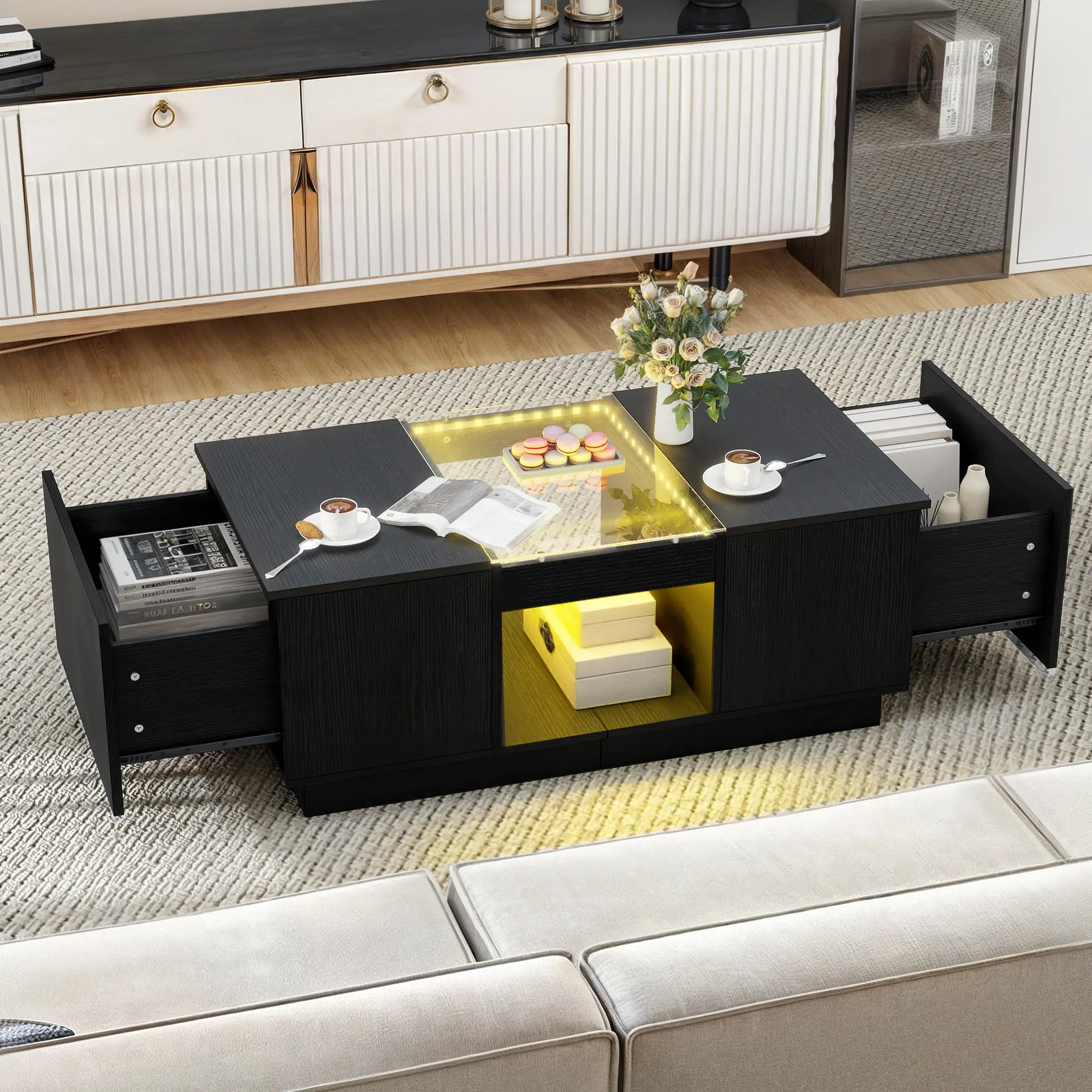 LED Coffee Tables Rectangle Center Table with Charging Station & Storage Drawers