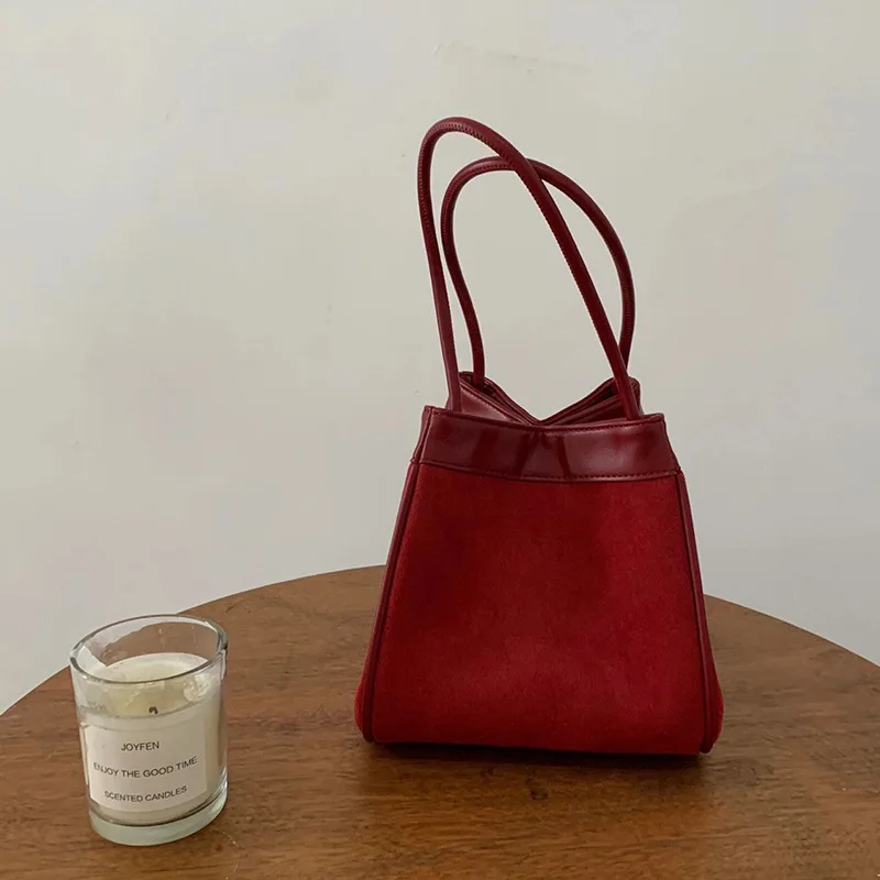 Red Bucket Bag New Texture Christmas and New Year Handheld Bag Women Autumn Winter Red Bride Wedding Splicing Style Bag