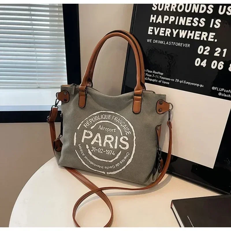 Large Women Stylish Crossbody Bag Retro Canvas Tote Bag  Adjustable Shoulder Strap Vintage Paris Stamp Print Purses and Handbags