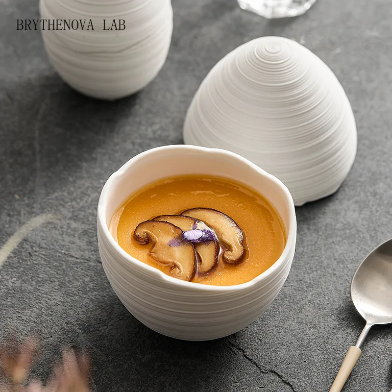 Line pattern ceramic egg cup, health small stew cup, High-end Hotel Restaurant Commercial Creative Egg-shaped L, Steamed Egg