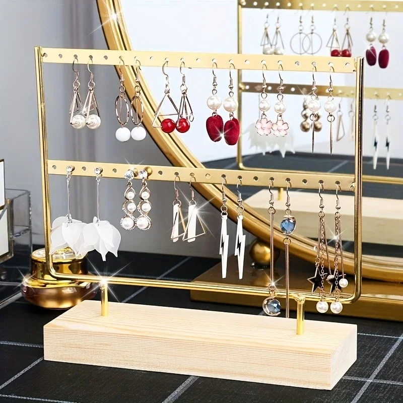 

Earring Stand Wooden Base Jewelry Towel with Holes Hanging Jewelry Organizer Large Metal Holder for Earrings Ear Stud Necklace