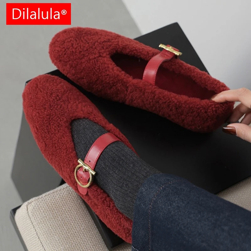 

Dilalula 2026 Winter Wool Mary Janes Shoes Women Round Toe Metal Buckle Casual Flats Lady Comfort Dance Shoes Red Leisure Pumps