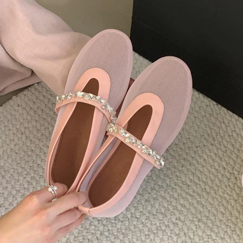 Round Toe Rhinestone Decor Mary Jane Shoes Women Mesh Breathable Ballet Shoes Spring Autumn Vacation Flat Bottom Single Shoes