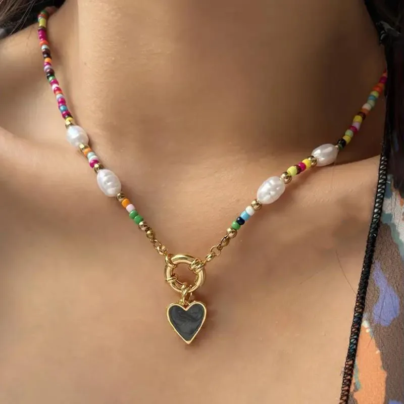 YWZIXLN Bohemian Colorful Beads Chain Fashion Necklaces White Heart Pendant Jewelry For Women Valentine's  Accessories N0463