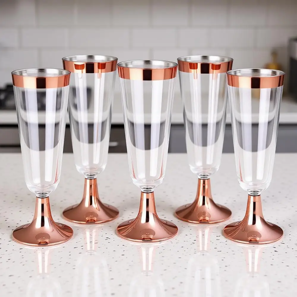 

100 Pack Plastic Champagne Lutes - 5OZ Glasses With Rose Gold Rim - Premium Disposable Cups - Ideal for Mother's Day/Parties/Wed