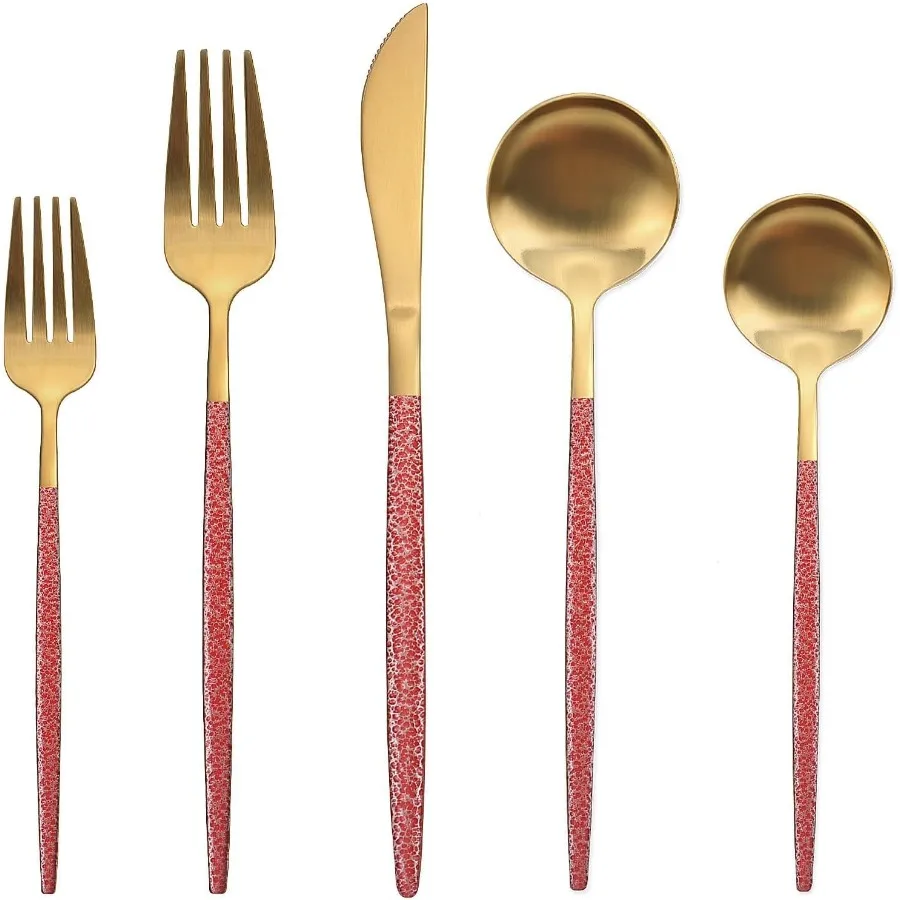 

Набор столовых приборов из 20 предметов для 4 золотых столовых приборов с красной ручкой, прочный набор кухонной посуды для еды, включает в себя набор вилок, ножей, ложек