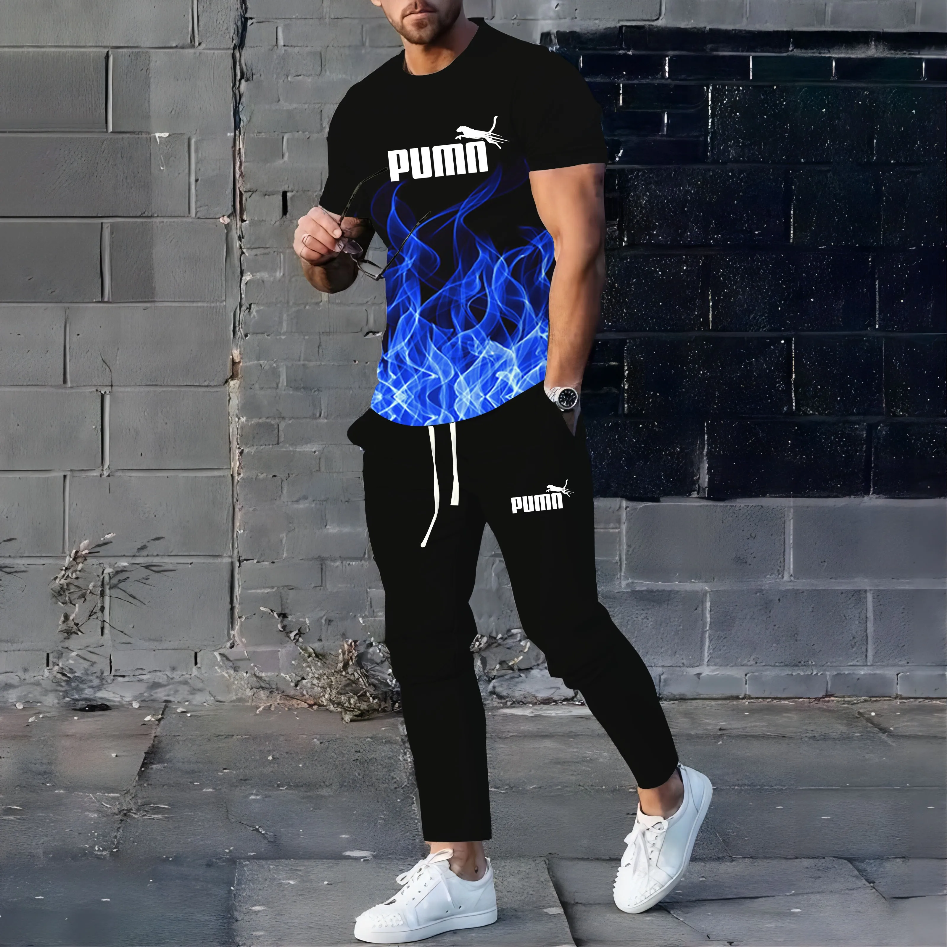 2024 New Men\'s Sportswear Jogging Wear 3D Printed Summer Trend Fashion Retro Casual Short Sleeve T-Shirt + Pants 2-piece Set