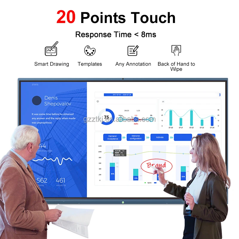 Tableau blanc interactif numérique à écran plat, 85 pouces, 4K, 120Hz, Android 14, tableau intelligent interactif