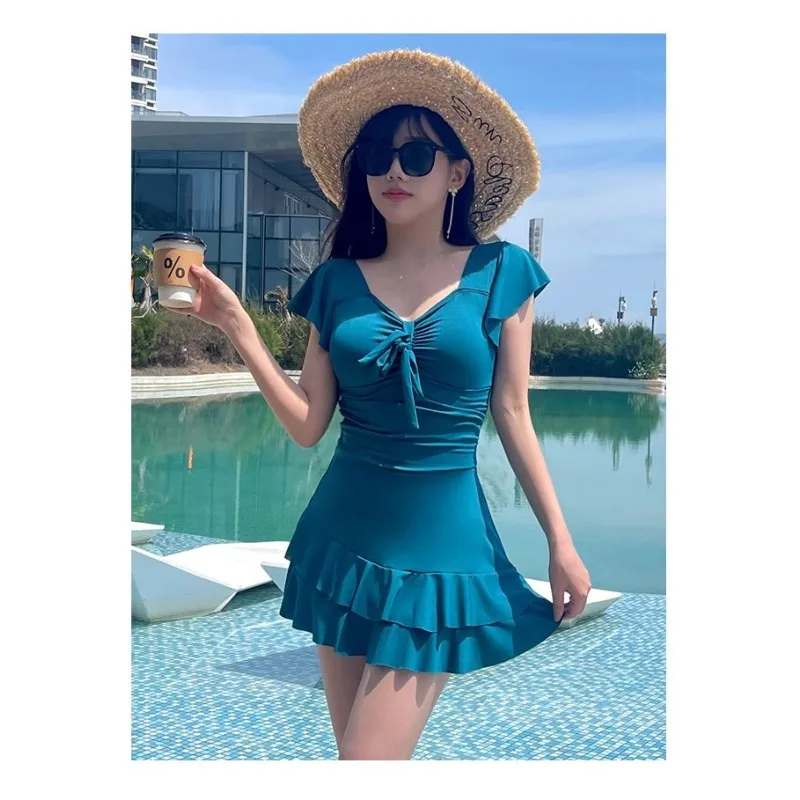 Sweet Ruffle Sleeve One Piece Swimsuit Dress with Bow Front Ruched Waist Flared Skirt Modest Swimwear for Beach Pool Vacation - Image 6
