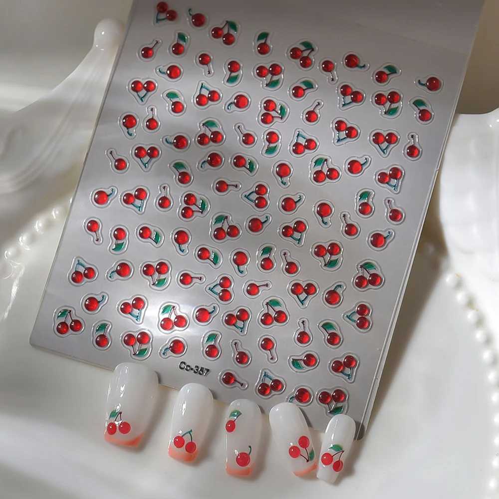 5D Red Cherry Self - Adhesive Rhinestone Fruit Cute Summer Cherry Nail Stickers Ideal for Sea Holiday and Graduate Design