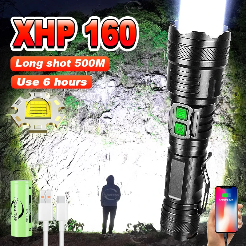 

Strong Light Flashlight XHP160 Powerful LED Lamp USB Recharging Waterproof Hand Lantern Zoom Torch Camping Outdoor Emergency Use