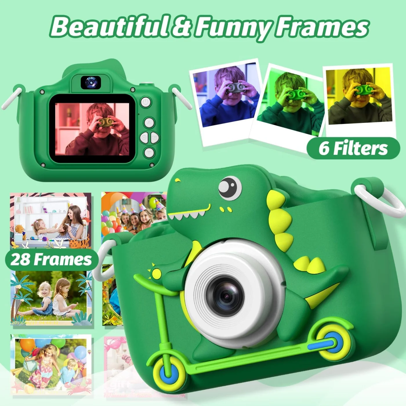 INOCTI Cámaras para niños, serie de dinosaurios, cámara de vídeo digital para niños pequeños, juguetes para regalos de cumpleaños de Navidad