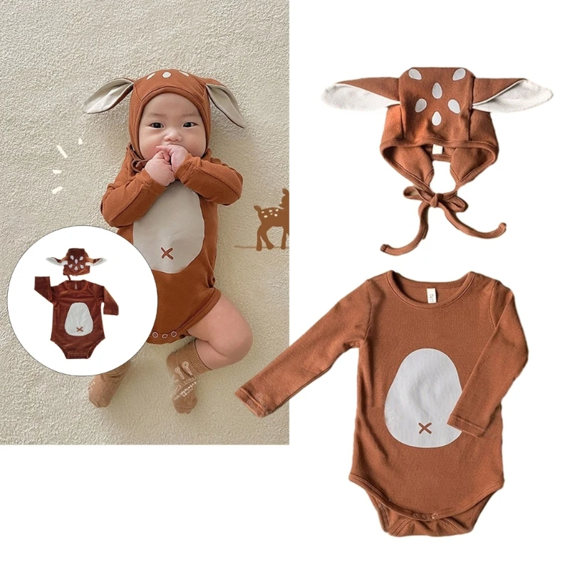 

Newborn Photography Props Deer Ear Bonnet Hat & Jumpsuit Baby Photoshoot Clothes Dress Up Romper & Hat Reindeer Costume