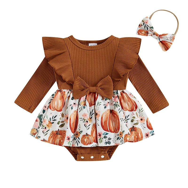 

Newborn Baby Girl Halloween Outfit Ruffle Long Sleeve Pumpkin Print Ribbed Romper Dress Headband 2Pcs Set