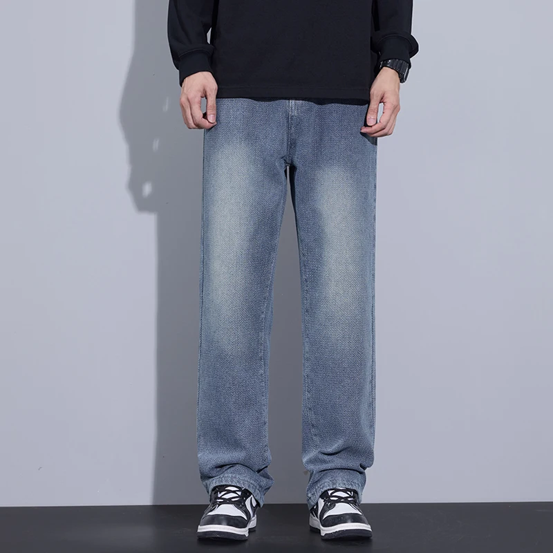 Jean Droit en Denim pour Homme, Pantalon à Taille Large, Streetwear en Coton, Bleu, Long, Décontracté, Printemps Automne