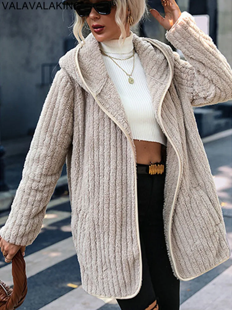 2025 Autumn Winter Long Sleeve Women Jacket Thick Plush Hooded Warm Casual Solid Coat Soft Loose Cardigan Lady No Buttons Coat