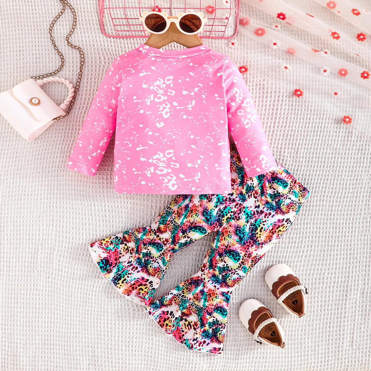 2024 New Winter Children Sets Long Sleeve Print Floral Leopard Pink Flare Pants 2 Pcs Roupa Infantil Menina Clothes Sets 6M-3T