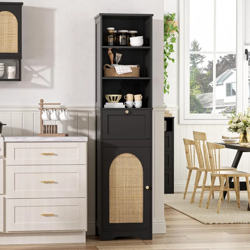 

US Shipping Hot New Tall Narrow Bathroom Storage Cabinet with Rattan Doors and Slide Storage Adjustable Shelves Floor