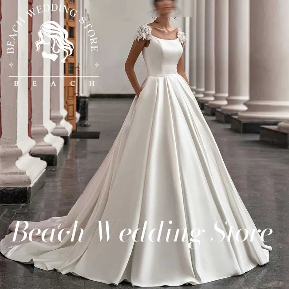 Beach Customized Satin Cap Sleeves Lace Appliques Wedding Dress For Women Ball Gown Elegant Backless Bridal Gown  Vestidos