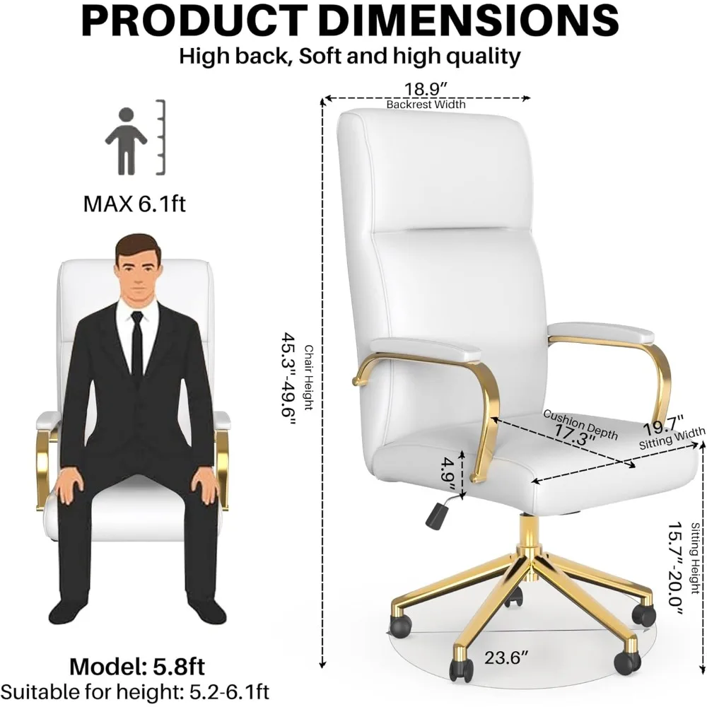 White and Gold Office Chair, High Back Office Chair for Women, Modern Desk Chair Comfy with Arms, Leather Executive Office Chair