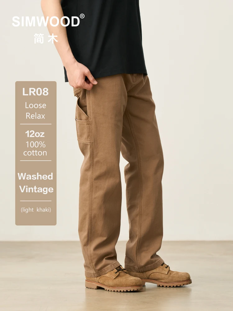 

SIMWOOD 2025 Autumn New Loose Relax 12oz Canvas Fabric Carpenter Pants Men Washed Vintage High Qualtiy Trousers