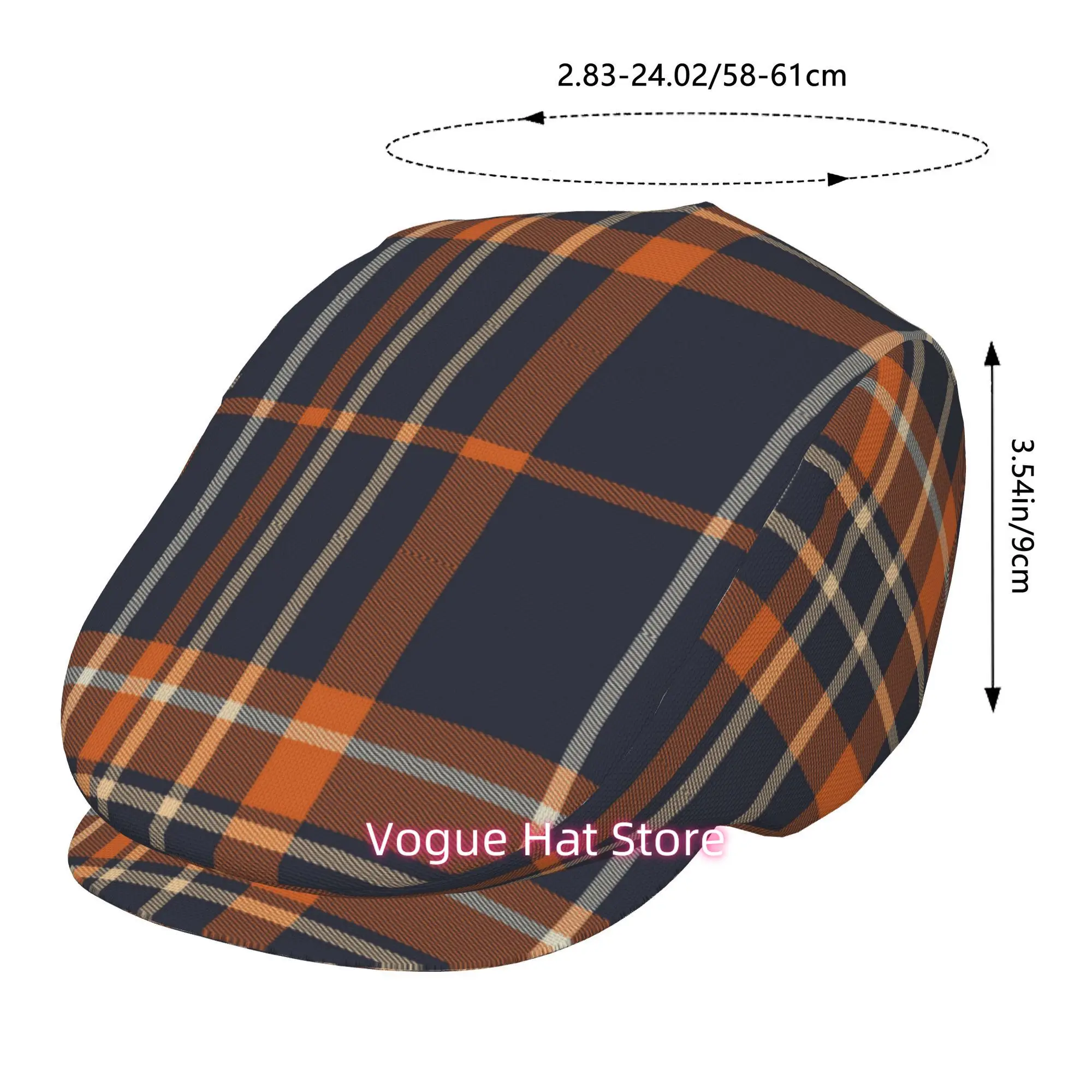 One Navy Blue And Orange Plaid Beret with an All-Over Print, a Vintage Newsboy Cap That Is Unisex, Essential for Both Outdoor Le