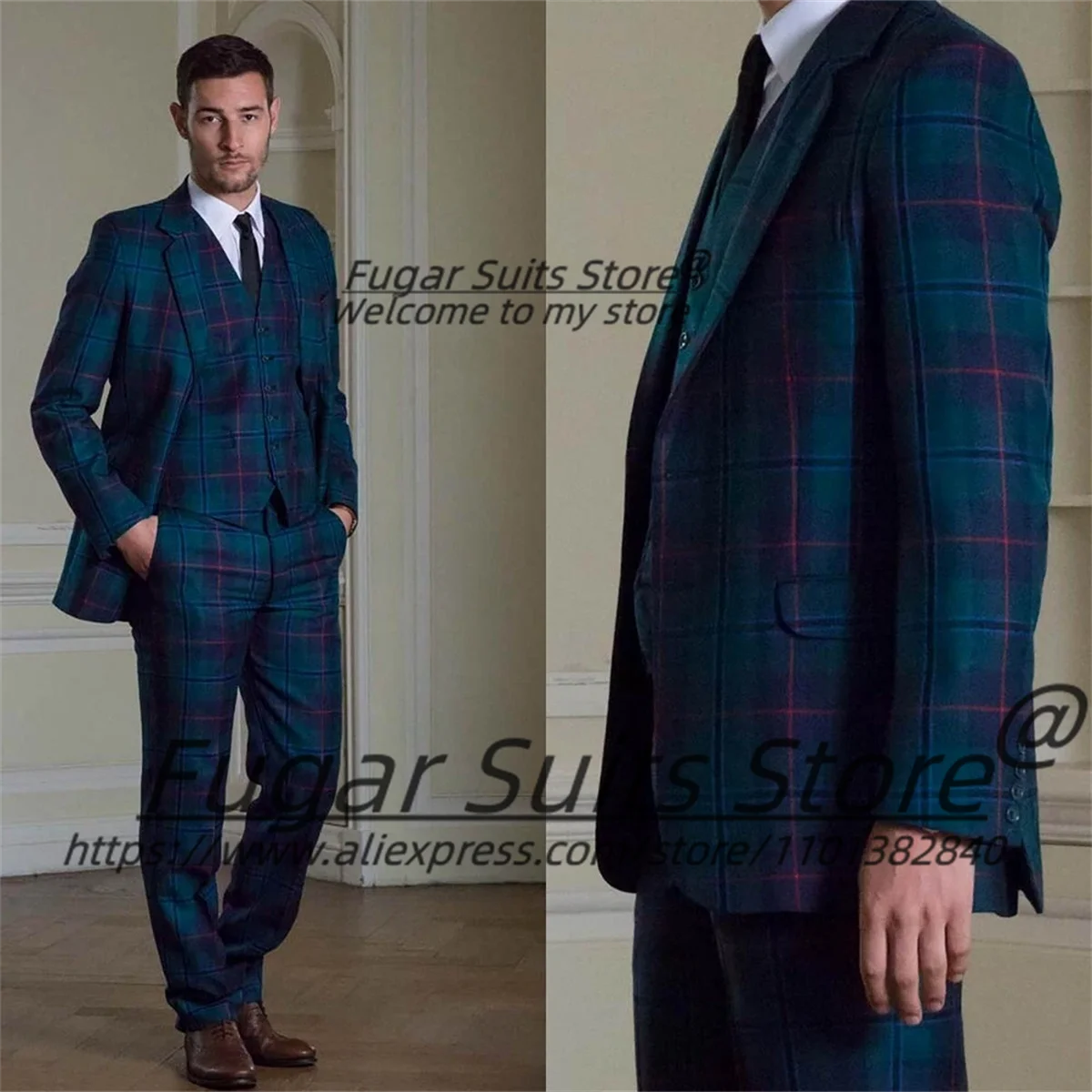 

Italian Style Business Plaid Men Suits Customized Slim Fit Notched Lapel Groom Prom Tuxedos 3 Pieces Sets Male Formal Blazers