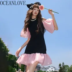 OCEANLOVE manica a sbuffo abiti da donna primavera estate dolce Vintage abiti Mujer moda coreana contrasto colore Sexy Min Dress