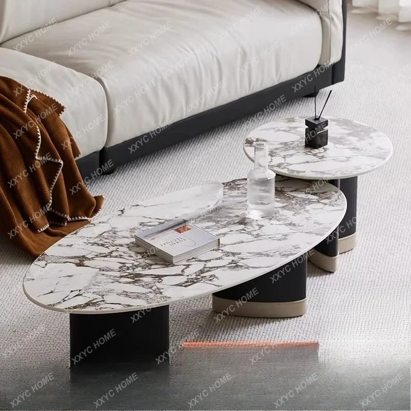 

L*Light luxury modern living room oval minimalist rock slab coffee table combination