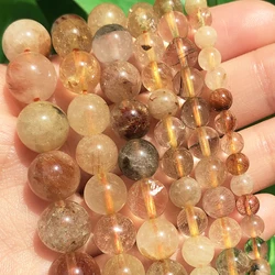 Natural Rutilated Quartz Hair Crystal Stone Beads Round Genuine Loose Spacer Beads for Jewelry DIY Making Bracelets Accessories