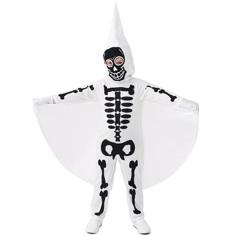 Unisex Scary Kids Halloween White Ghost Skeleton Costumes Children Death Azrael Cosplay Carnival Purim Role Playing Party Dress